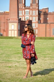 belt bag and floral dress